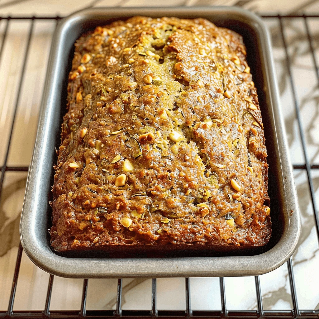 A golden loaf of moist zucchini bread with a slice cut and placed in front