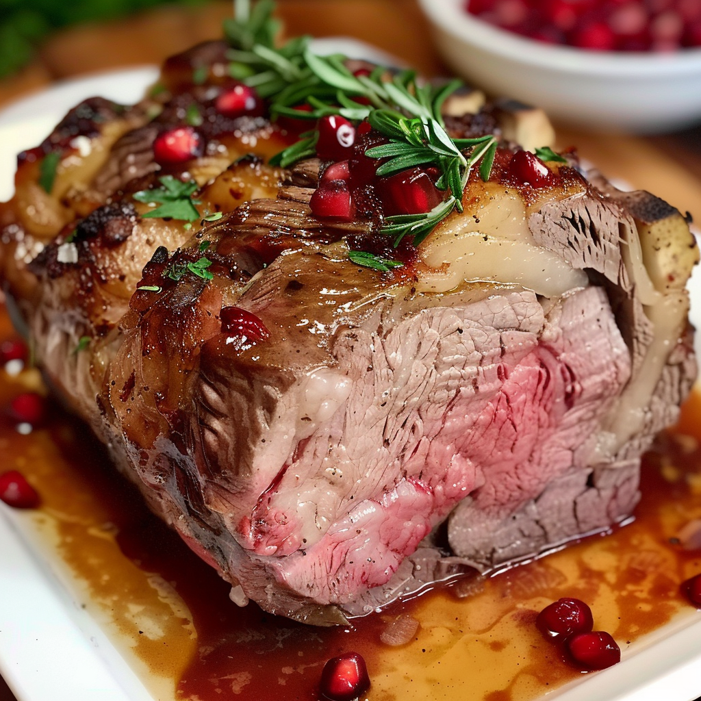 Slow-cooked prime rib roast sliced and served with herbs and vegetables on a festive holiday table.