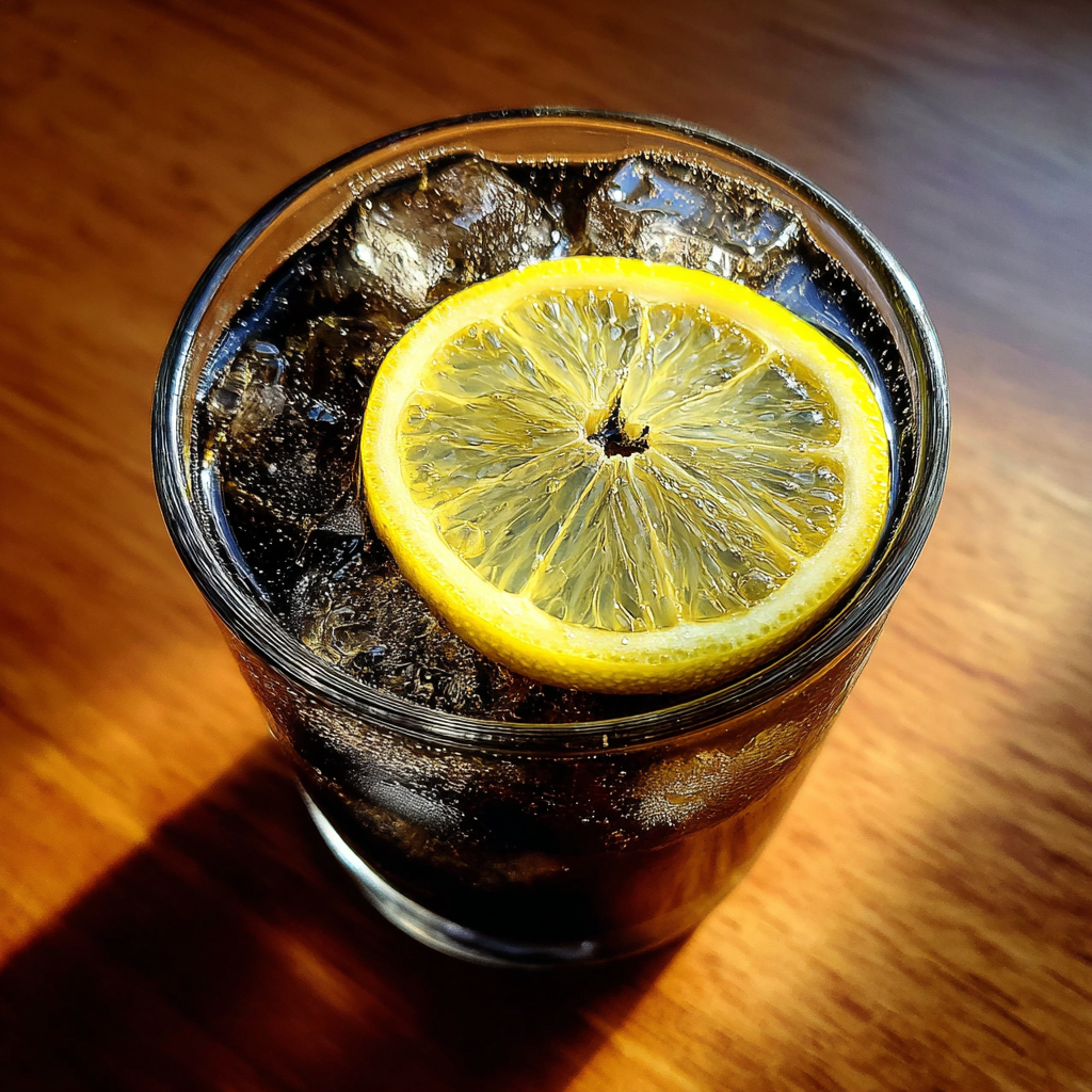Black lemonade with lemon slices and ice cubes served in a clear glass.