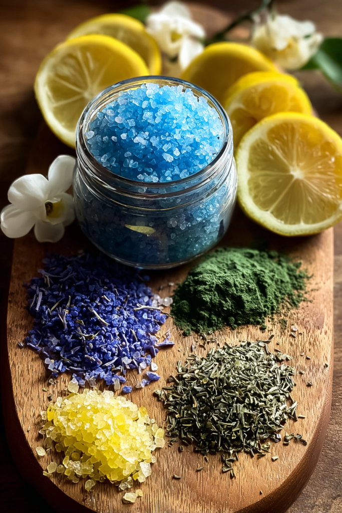 Blue Salt Trick Recipe: Magical Kitchen Hack for Stunning Flavor 6 Ingredients for blue salt trick recipe including sea salt, butterfly pea powder, spirulina, lemon zest, and herbs
