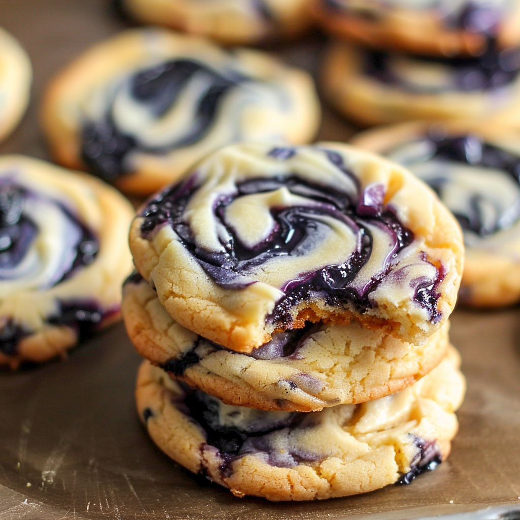 Blueberry cheesecake swirl cookies with visible marbled cream cheese and blueberry jam ribbons on parchment.