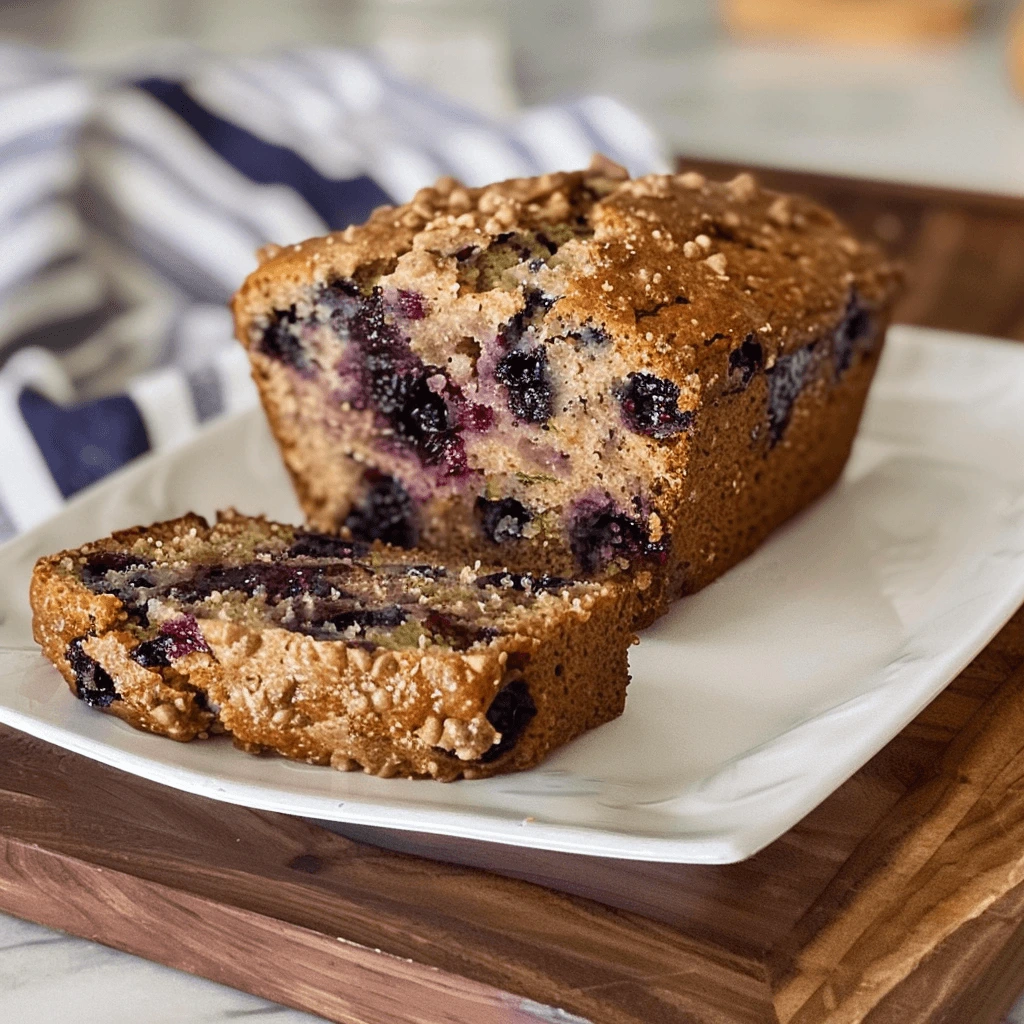 Slice of Blueberry Zucchini Bread with blueberries and grated zucchini beside it