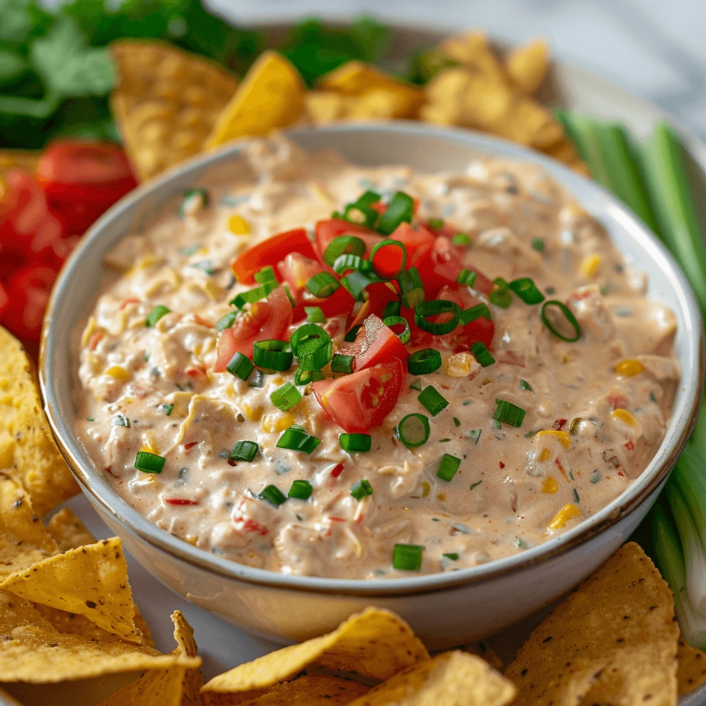 Creamy boat dip recipe served with tortilla chips and garnishes