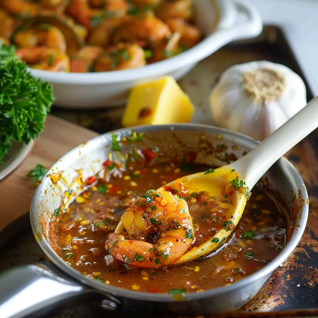 Small saucepan of creamy Cajun garlic butter sauce with garlic and parsley on a cozy wooden table beside cooked shrimp.