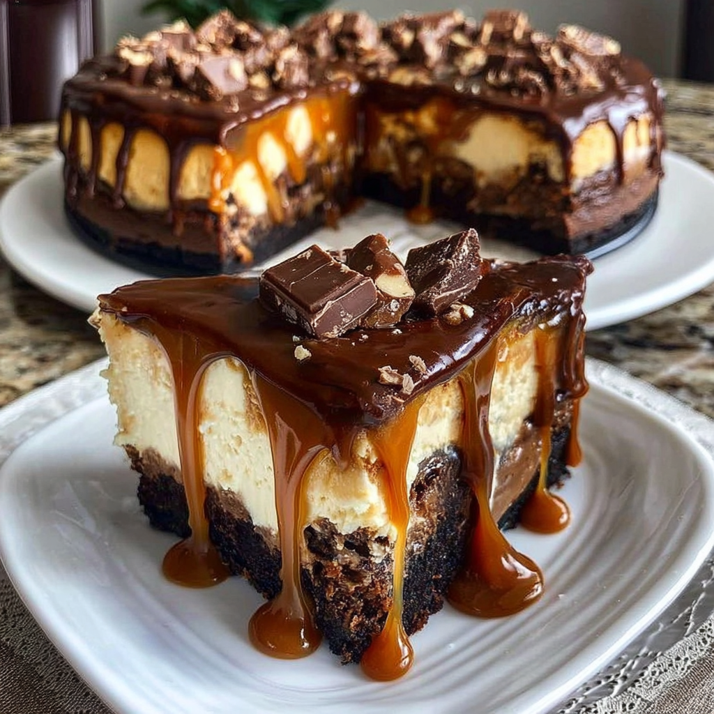 Sliced caramel brownie cheesecake with layers of chocolate brownie, creamy cheesecake, and caramel topping.