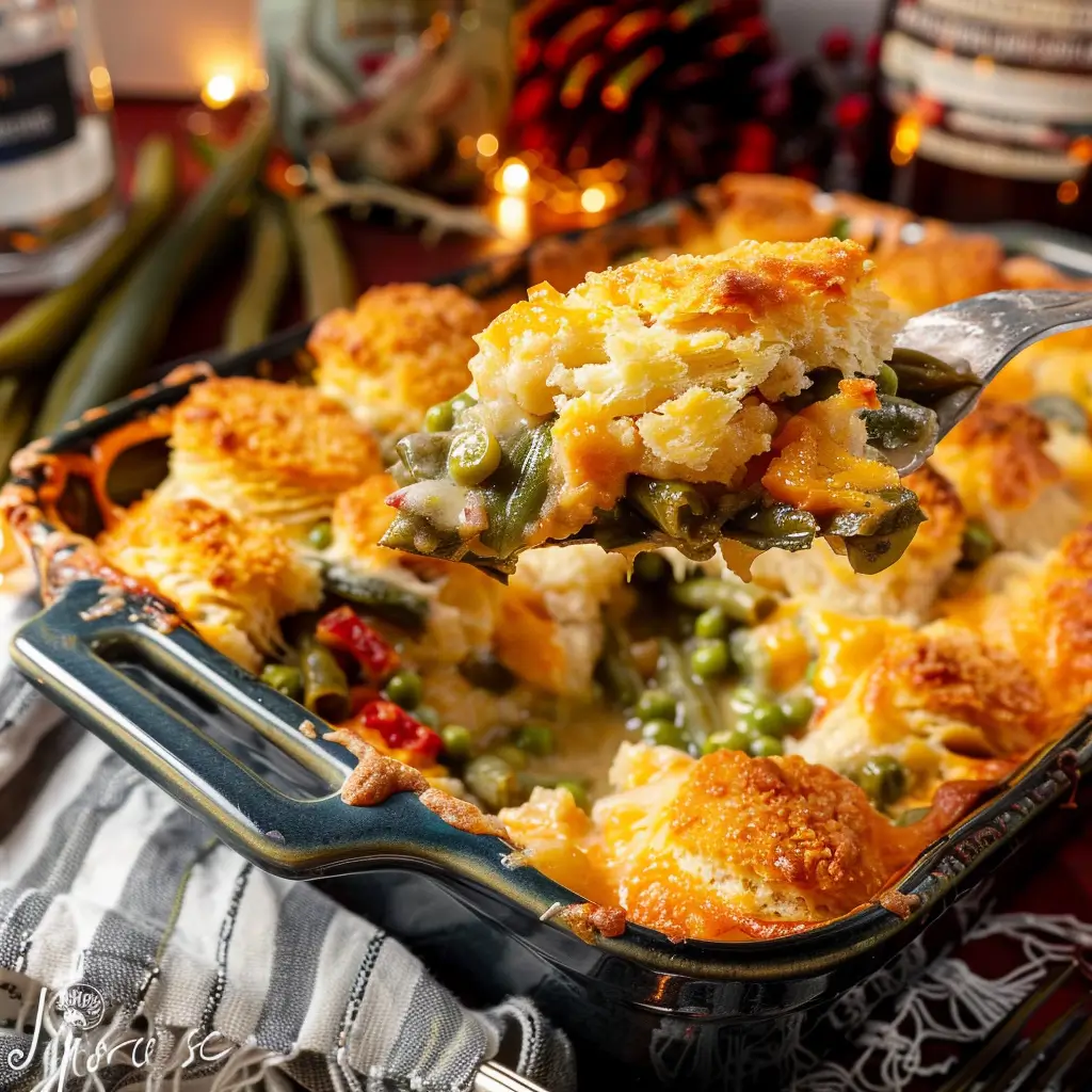 Cheddar Bay Green Bean Casserole topped with golden biscuits in a baking dish