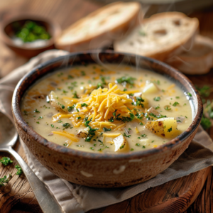 Cheddar Garlic Herb Potato Soup served hot with bread