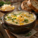 Homemade cheddar garlic herb potato soup with fresh cheese and parsley topping