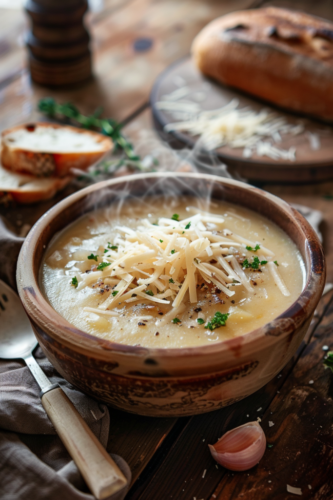 Cheddar Garlic Herb Potato Soup served hot with shredded cheddar and fresh herbs in a rustic bowl