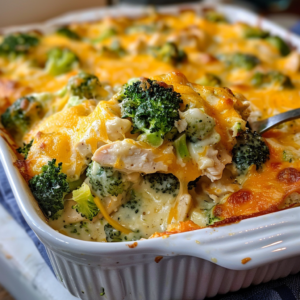 Chicken broccoli and cheese casserole baked to golden perfection