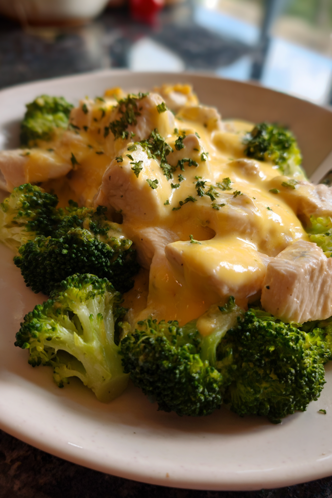 Healthy chicken broccoli and cheese casserole serving on a plate