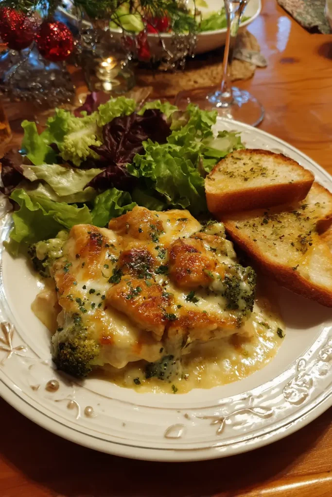Chicken broccoli and cheese casserole served with garlic bread and salad