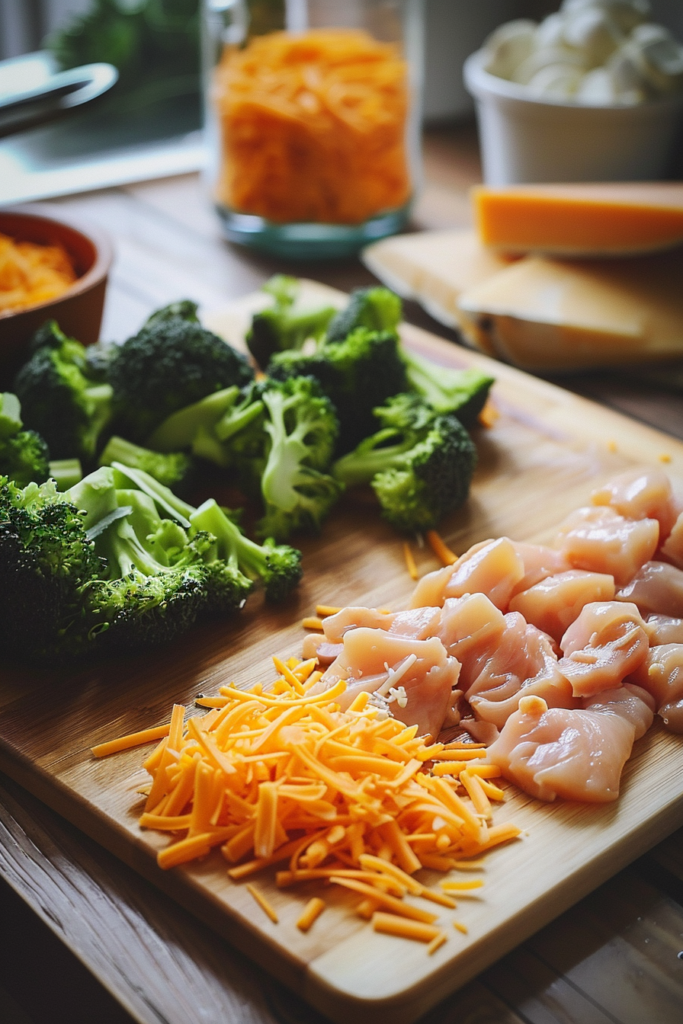 Preparing chicken broccoli and cheese casserole with fresh ingredients