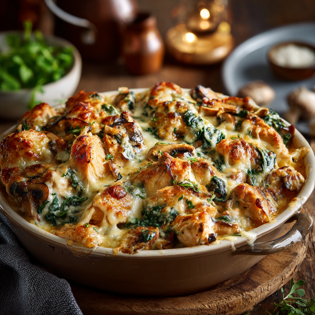 Chicken Spinach and Mushroom Low Carb Oven Dish 1 Chicken, Spinach, and Mushroom Low Carb Oven Dish baked with golden cheese