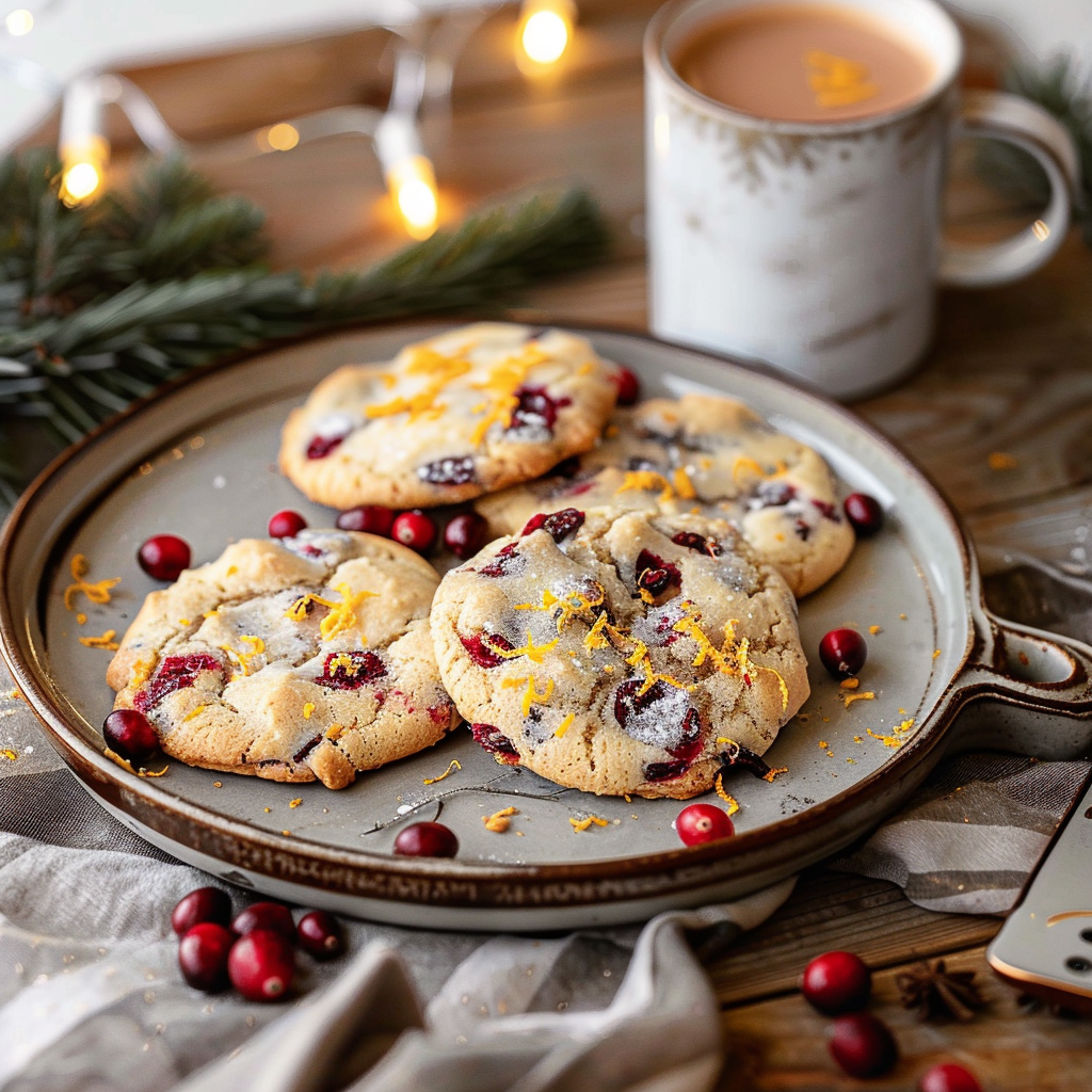 Festive cranberry orange cookies on a plate with holiday décor