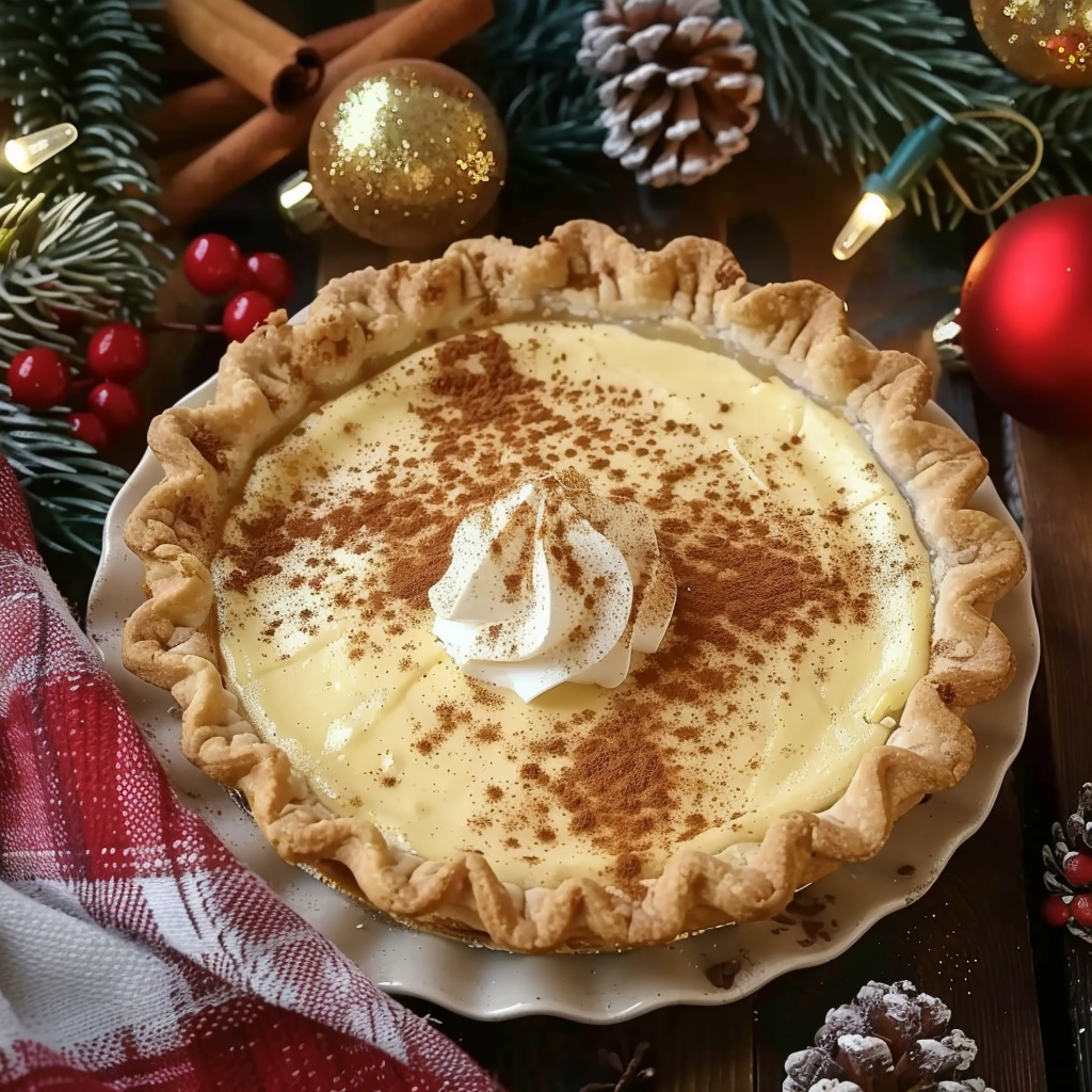 Christmas Eve cinnamon-vanilla creamy custard pie with a golden crust and cinnamon sprinkle.