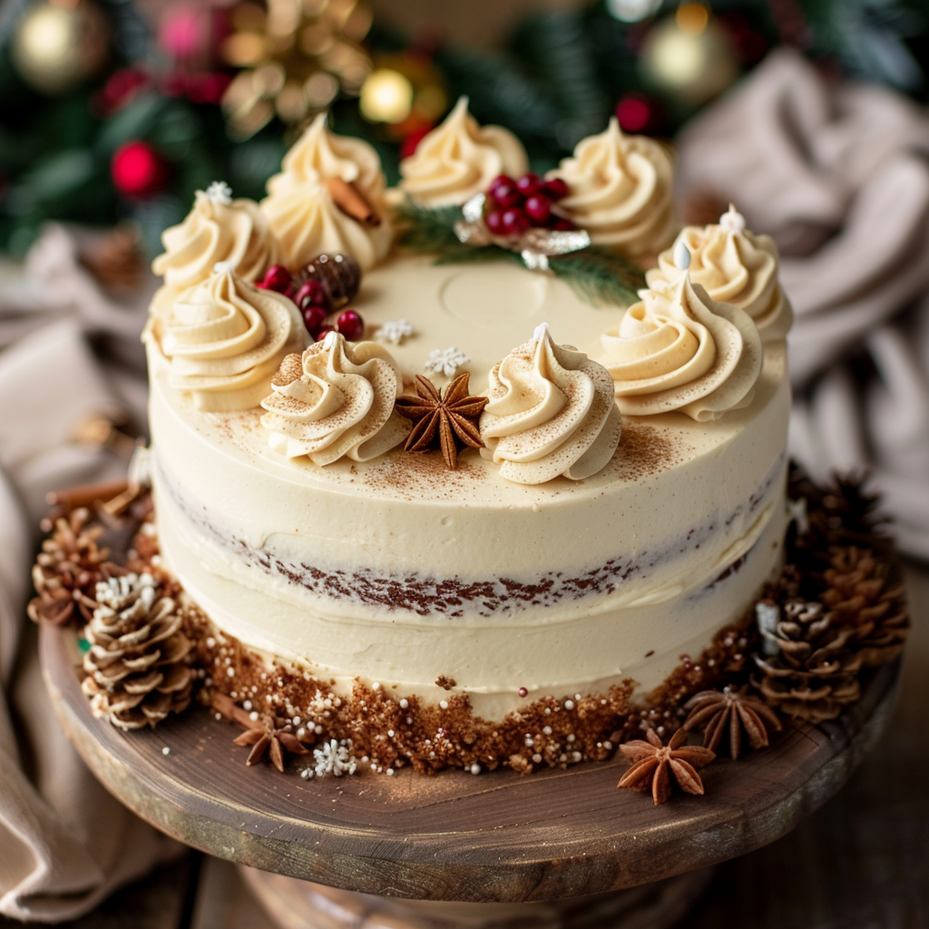 Christmas spice cake with eggnog buttercream frosting, decorated with nutmeg and holiday accents