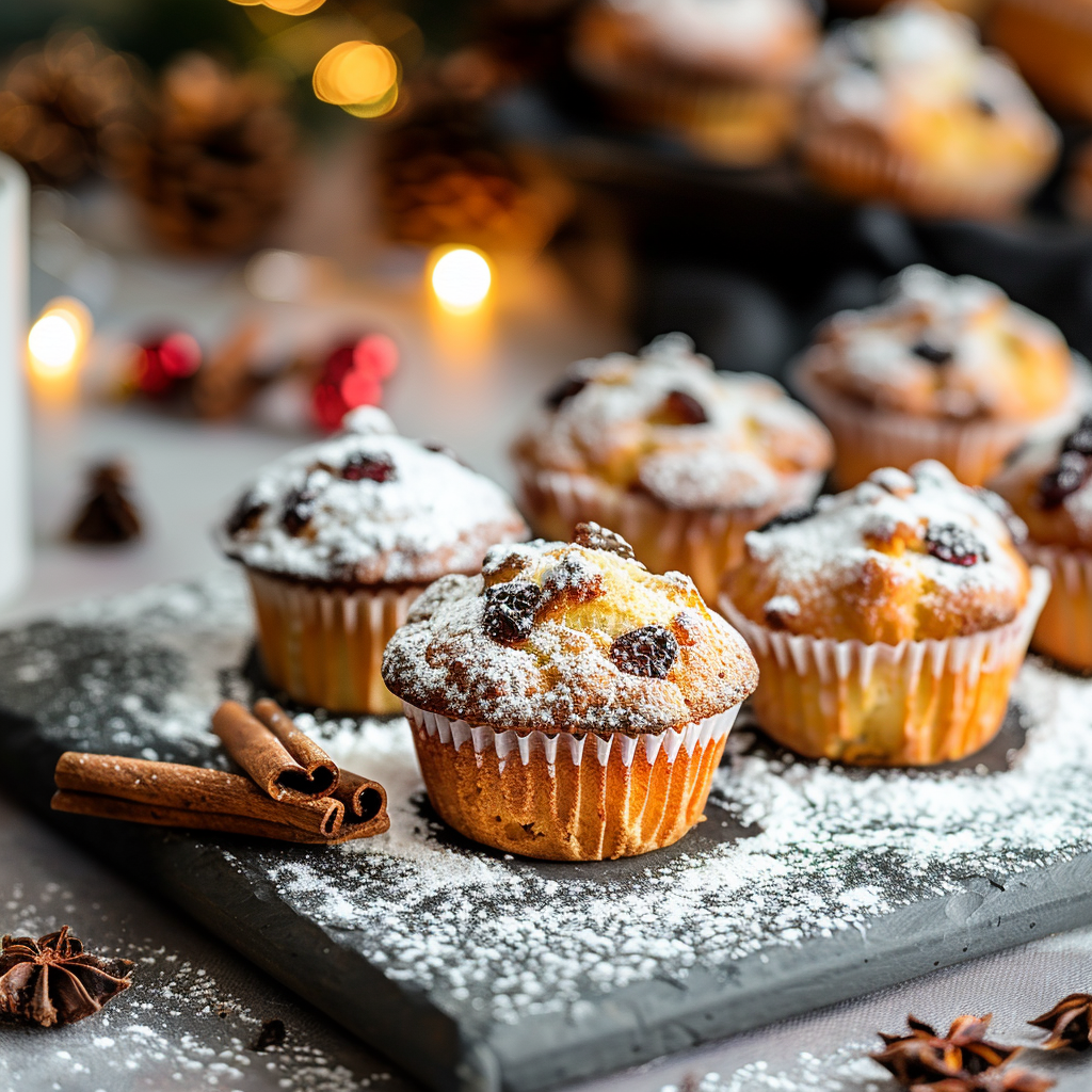 Freshly baked Christmas Stollen Muffins with powdered sugar on a holiday table.