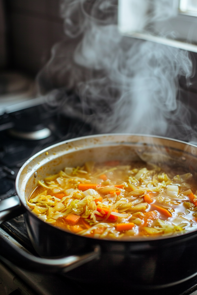 Pot of cabbage fat-burning soup simmering