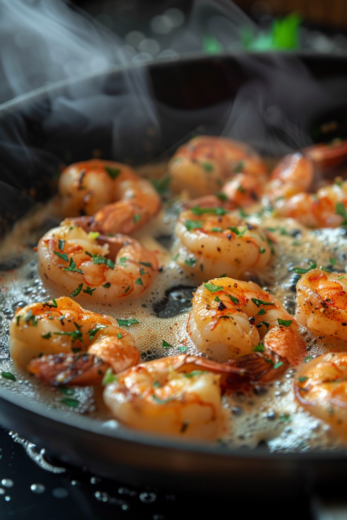 Cooking Creamy Garlic Butter Shrimp and Rice in skillet