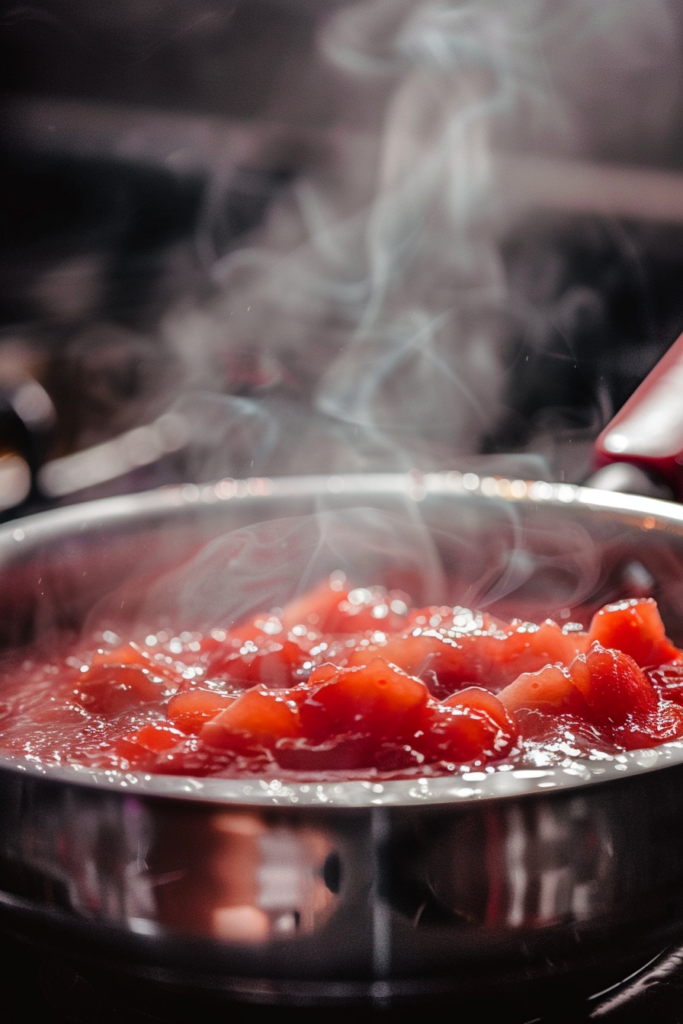 strawberry rhubarb jam recipe simmering in a saucepan