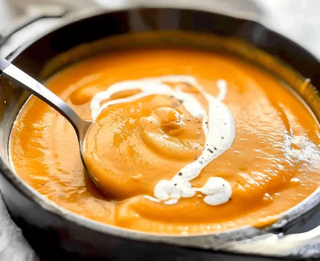 Cozy creamy pumpkin soup in a bowl with garlic bread on the side.