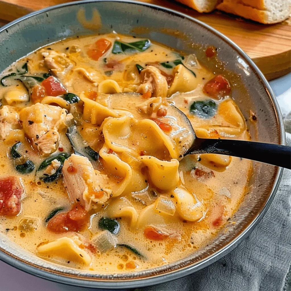 Cozy Marry Me Chicken Soup in a bowl with spinach, tortellini, and creamy broth