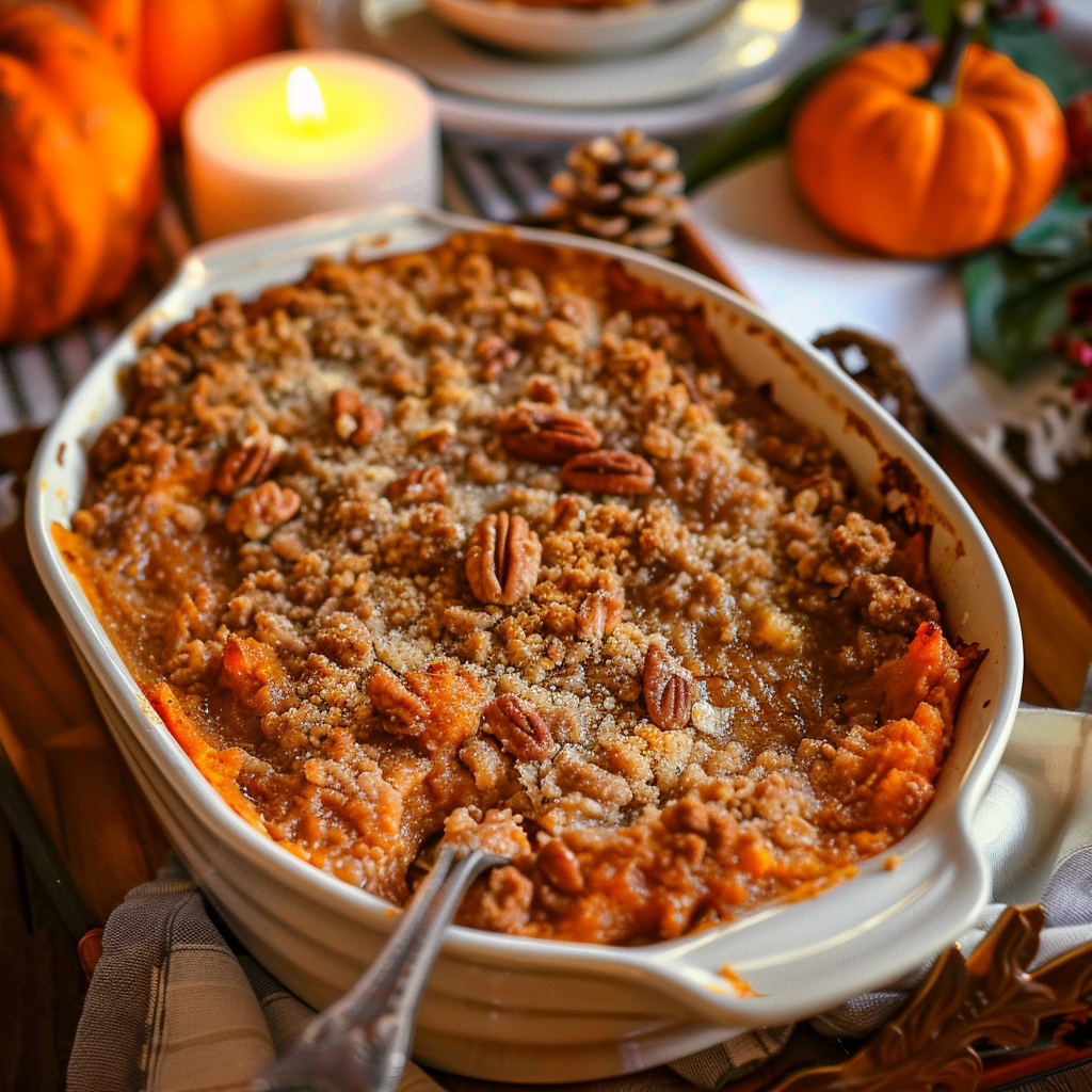 Sweet potato casserole with golden pecan streusel topping in a rustic dish.