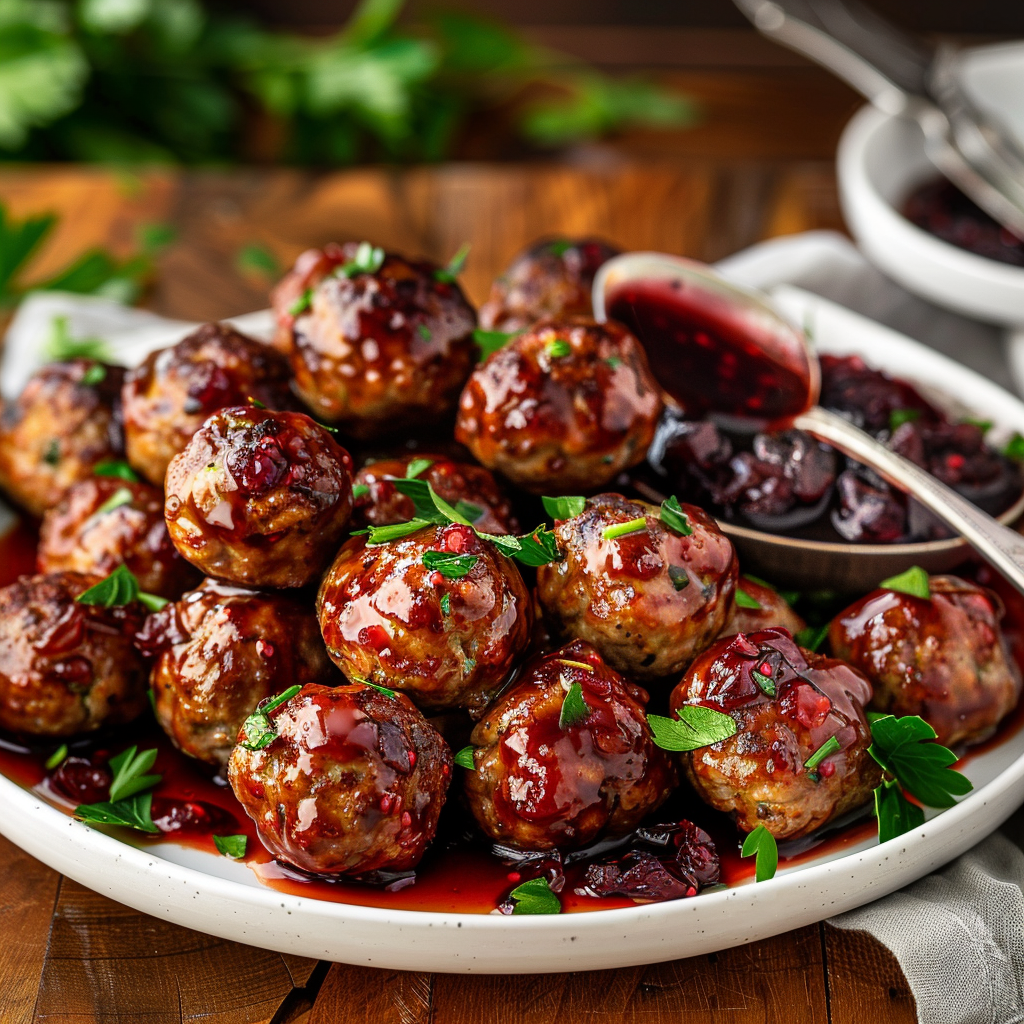 Juicy cranberry turkey meatballs coated in sweet-tangy glaze, garnished with parsley.