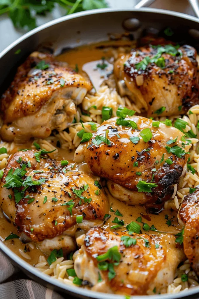 Close-up of Bang Bang chicken thigh on a bed of lemon garlic orzo garnished with fresh parsley.