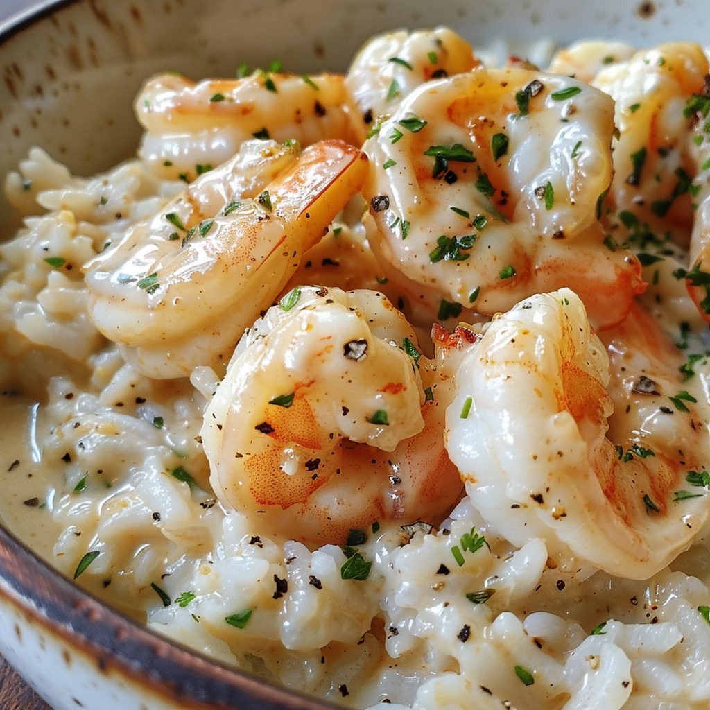 Creamy Garlic Butter Shrimp and Rice served in a rustic bowl
