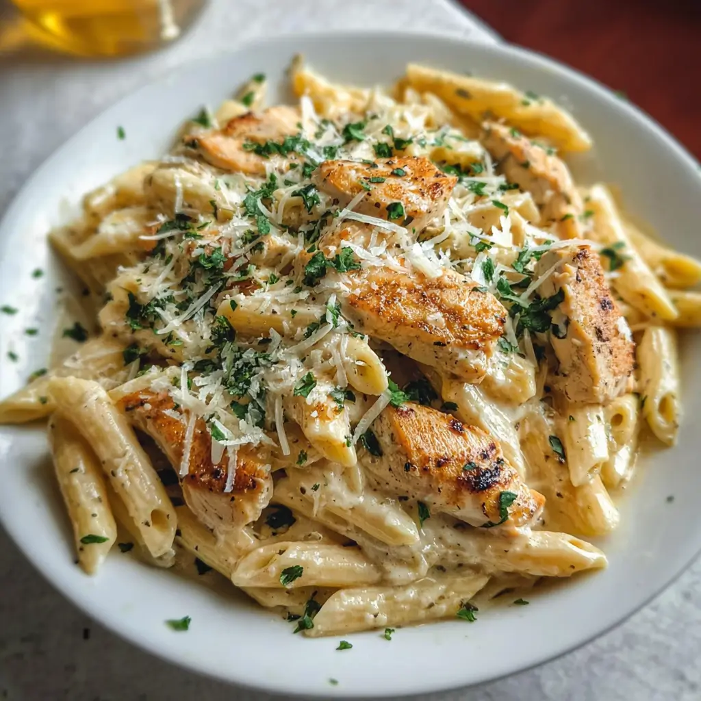 Creamy Garlic Parmesan Chicken Pasta 1 Creamy garlic Parmesan chicken pasta in a rustic bowl