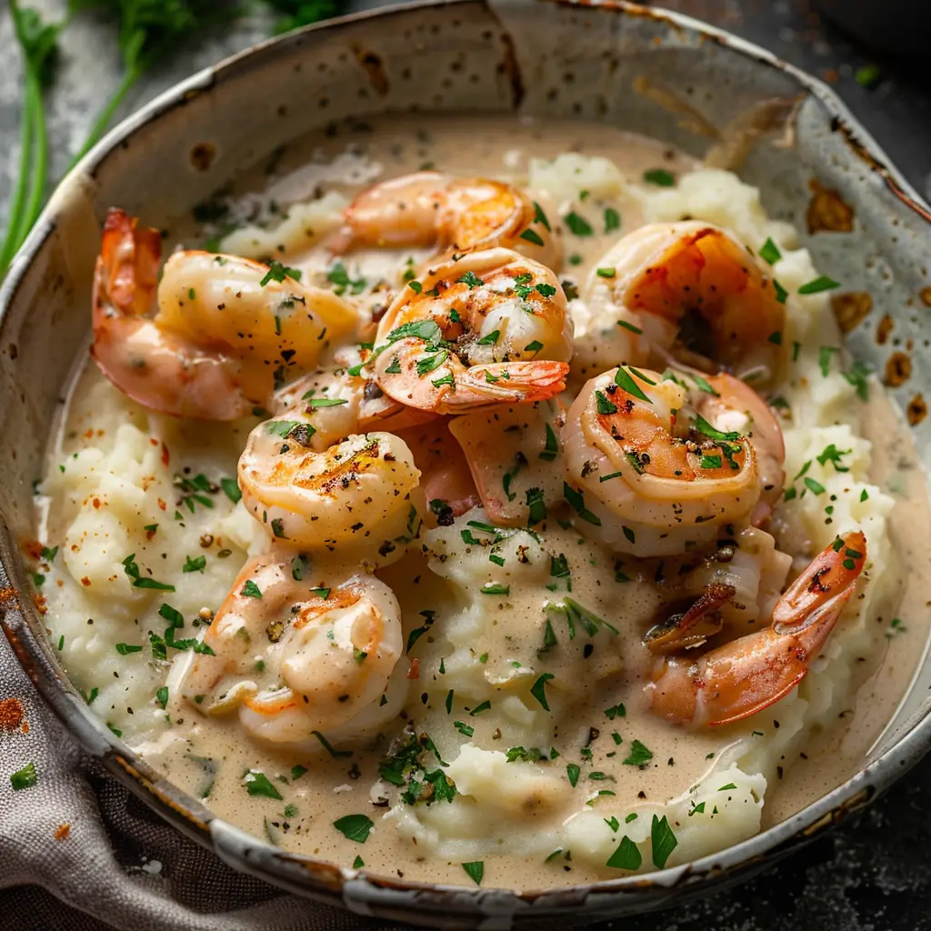 Creamy garlic shrimp served over mashed potatoes with parsley garnish.