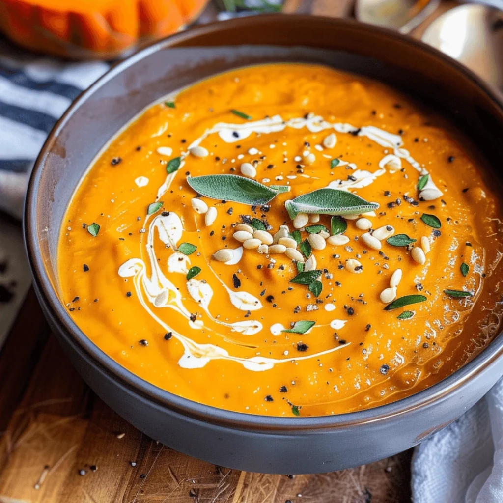 Creamy pumpkin and sweet potato soup in a rustic bowl garnished with herbs