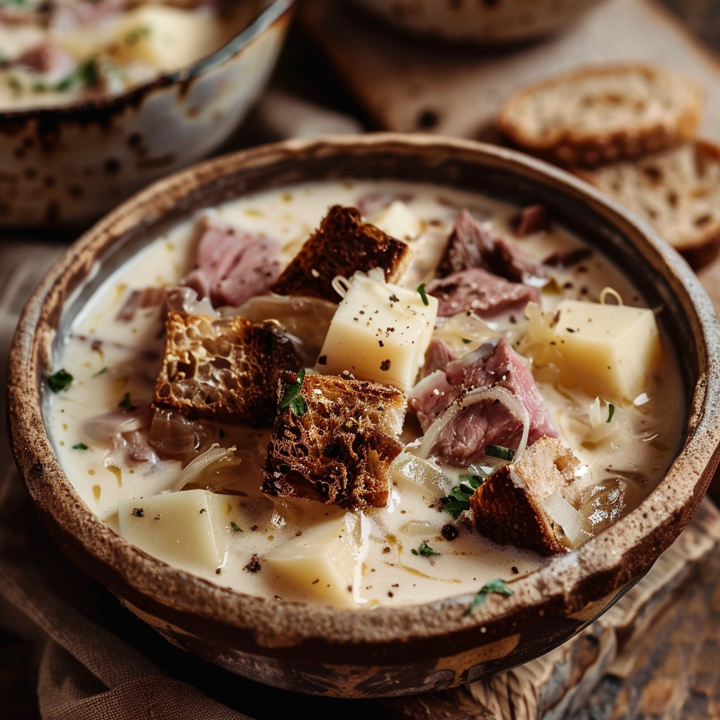 Bowl of creamy Reuben soup with corned beef, sauerkraut, and rye croutons.