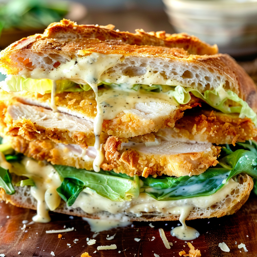Crispy breaded chicken Caesar sandwich with creamy dressing and romaine lettuce on a crusty baguette