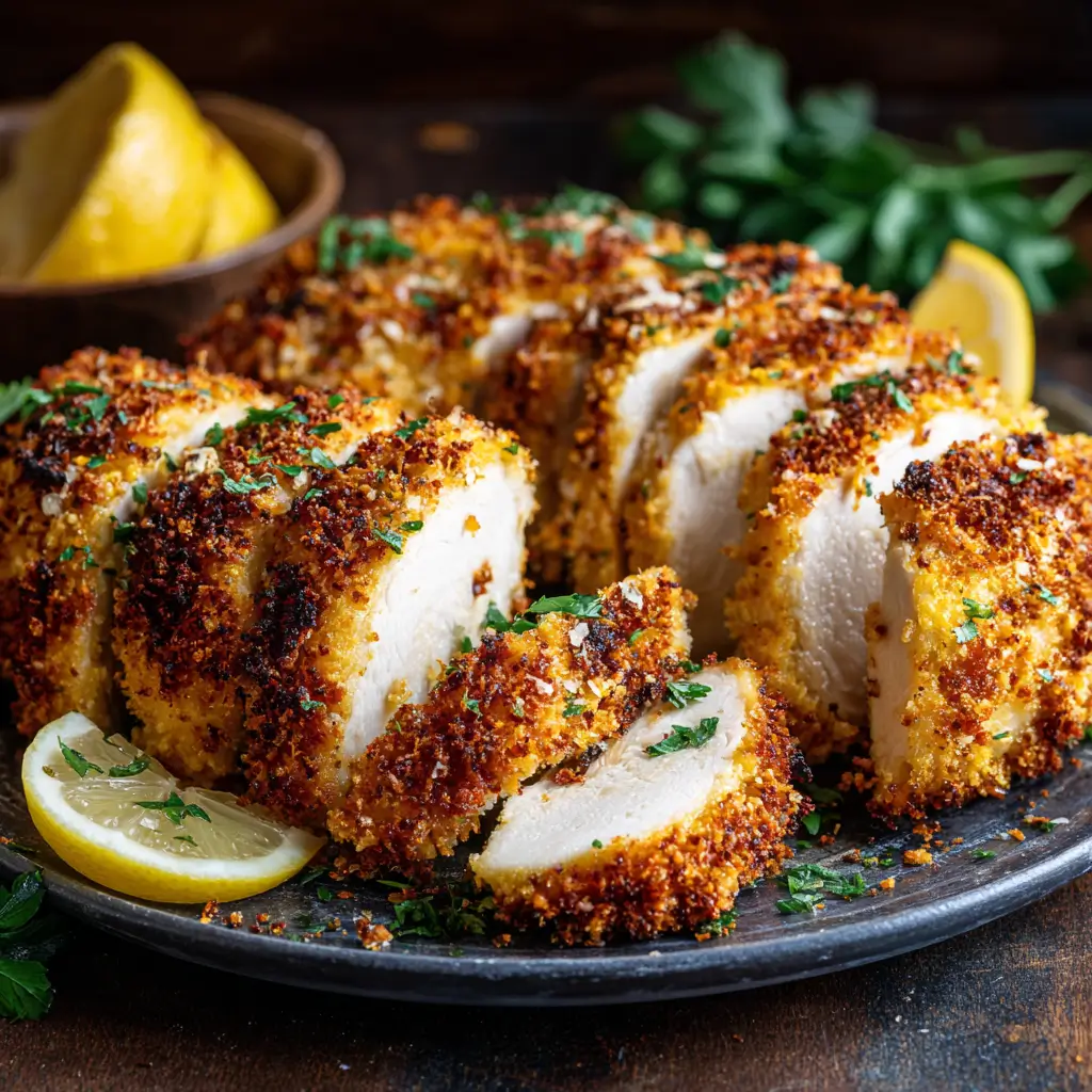 Crispy air fryer Parmesan crusted chicken breast with golden breadcrumb coating.