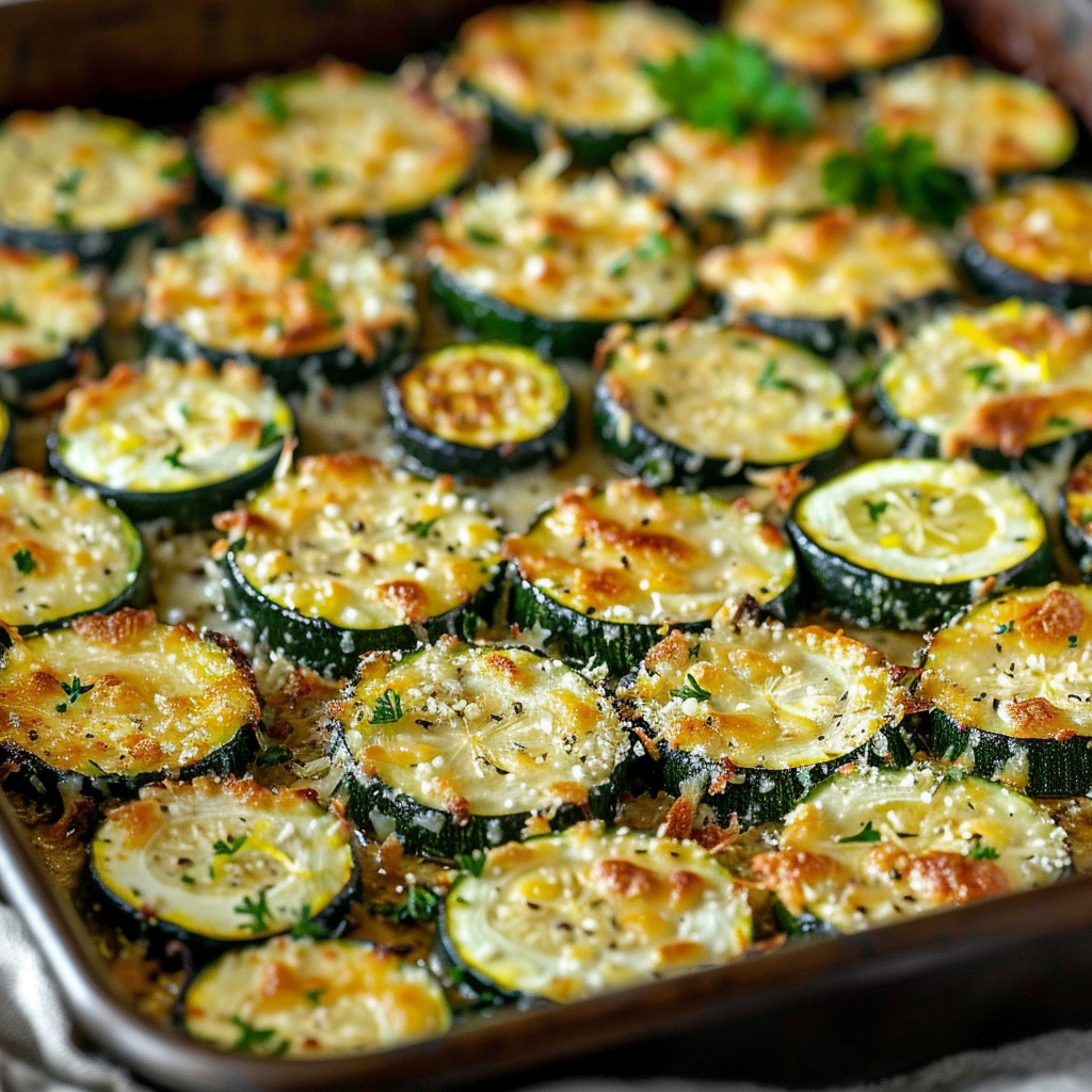 Crispy Baked Parmesan Zucchini 1 Golden, crispy Parmesan-topped zucchini rounds on a parchment-lined baking sheet.
