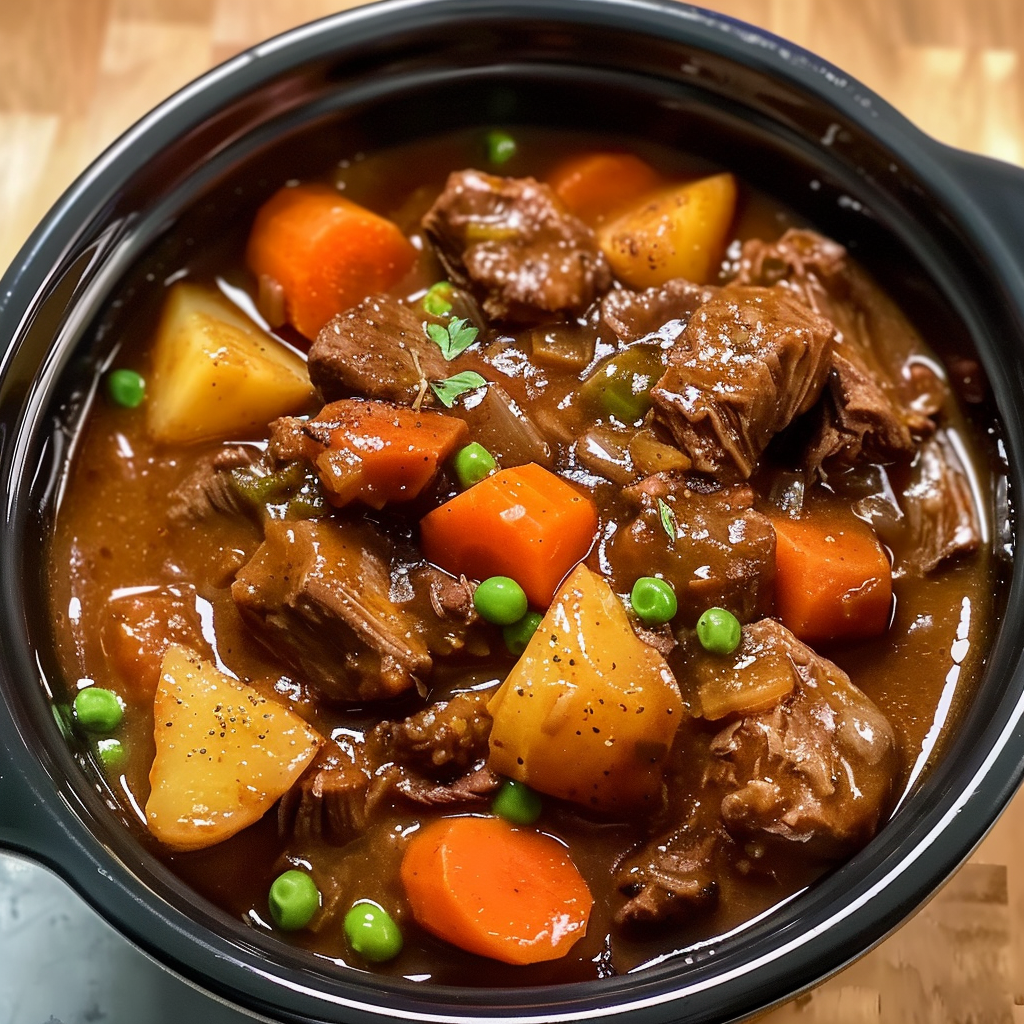 Crockpot Beef Stew 1 A hearty bowl of crockpot beef stew with beef, carrots, and potatoes served with bread.