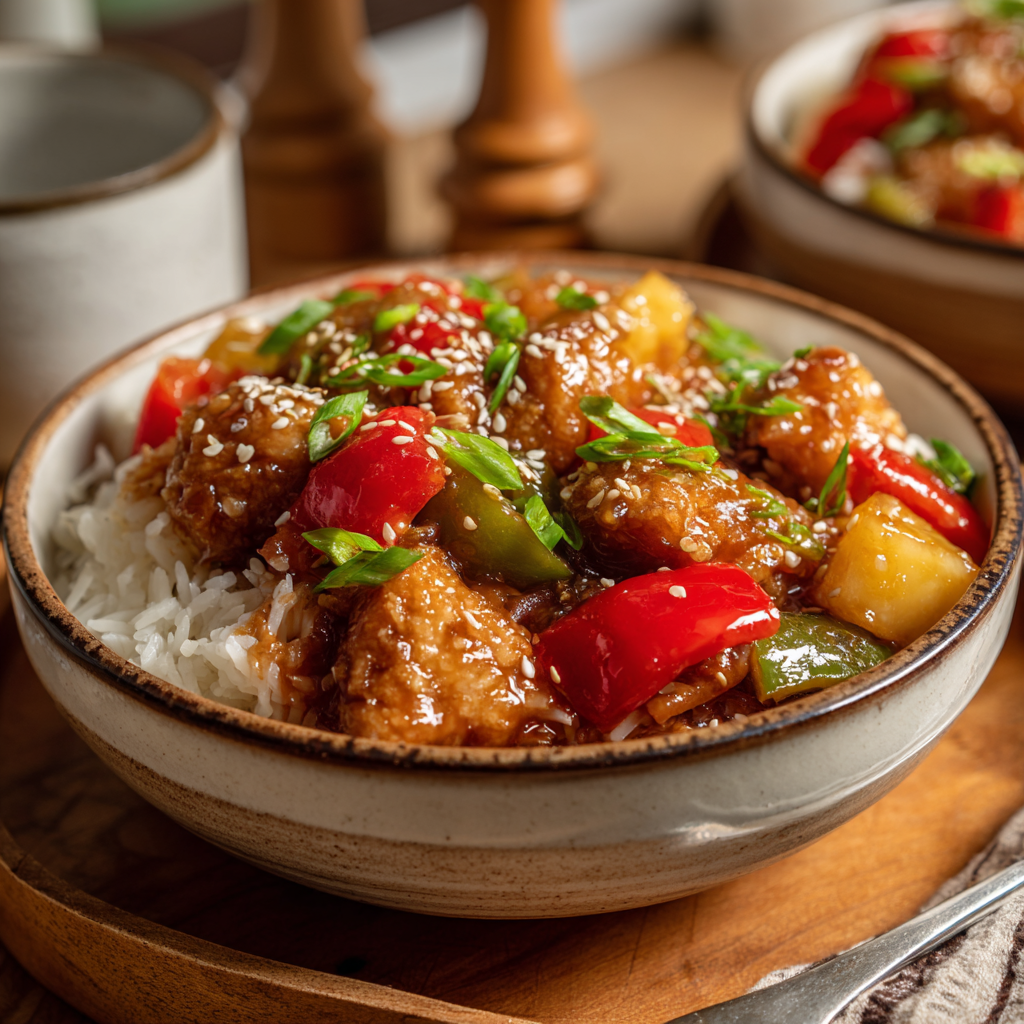 Crockpot Sweet and Sour Chicken: A Cozy Takeout Favorite Made at Home 1 Sweet and sour chicken with peppers and pineapple served over white rice in a rustic bowl.