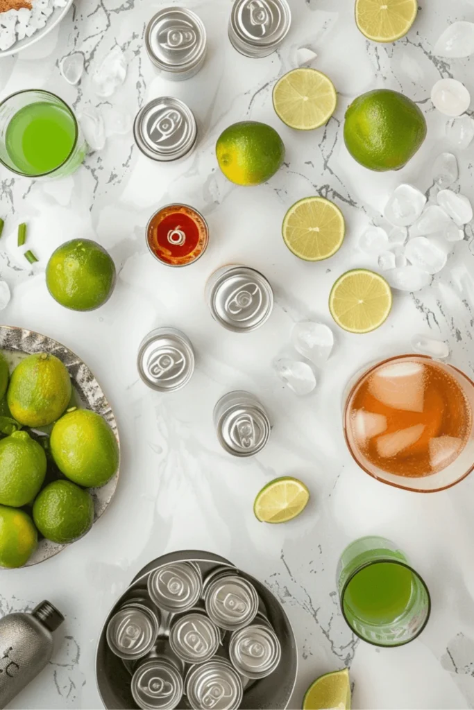 Ingredients for dirty soda recipes laid out on a kitchen counter