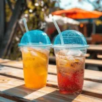 Colorful dirty soda recipes in clear plastic cups with dome lids and straws on a sunny outdoor table