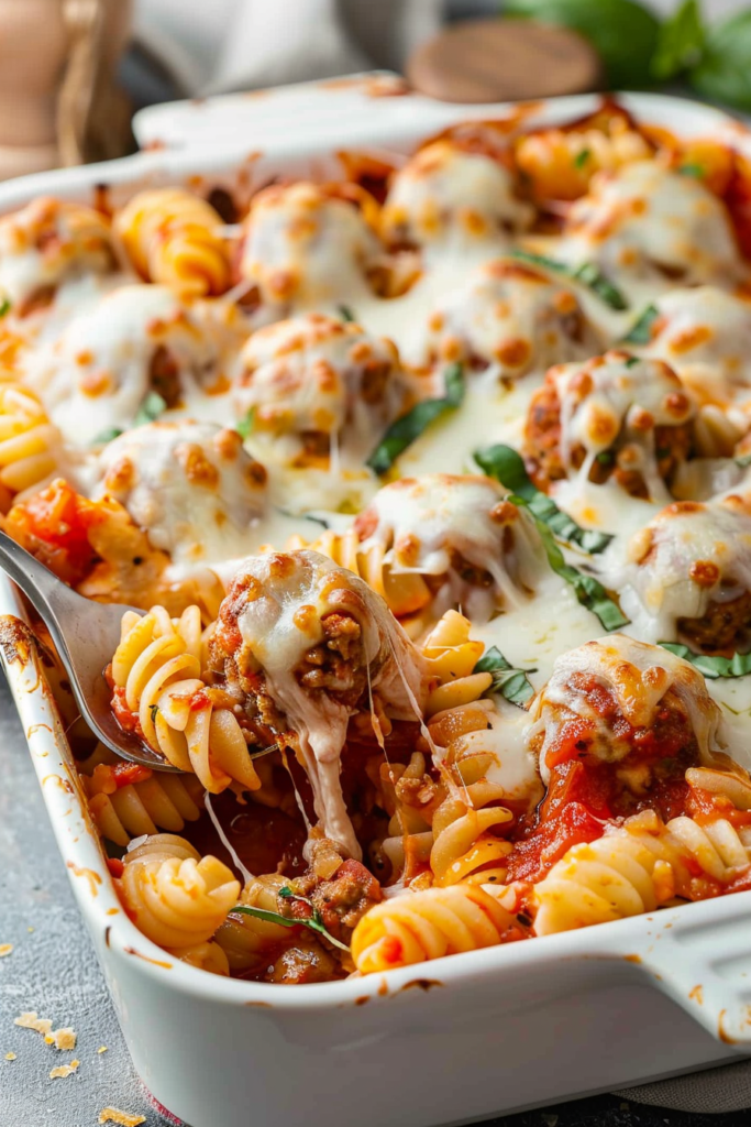 Cheesy Dump-and-Bake Meatball Casserole with melting mozzarella in a baking dish.