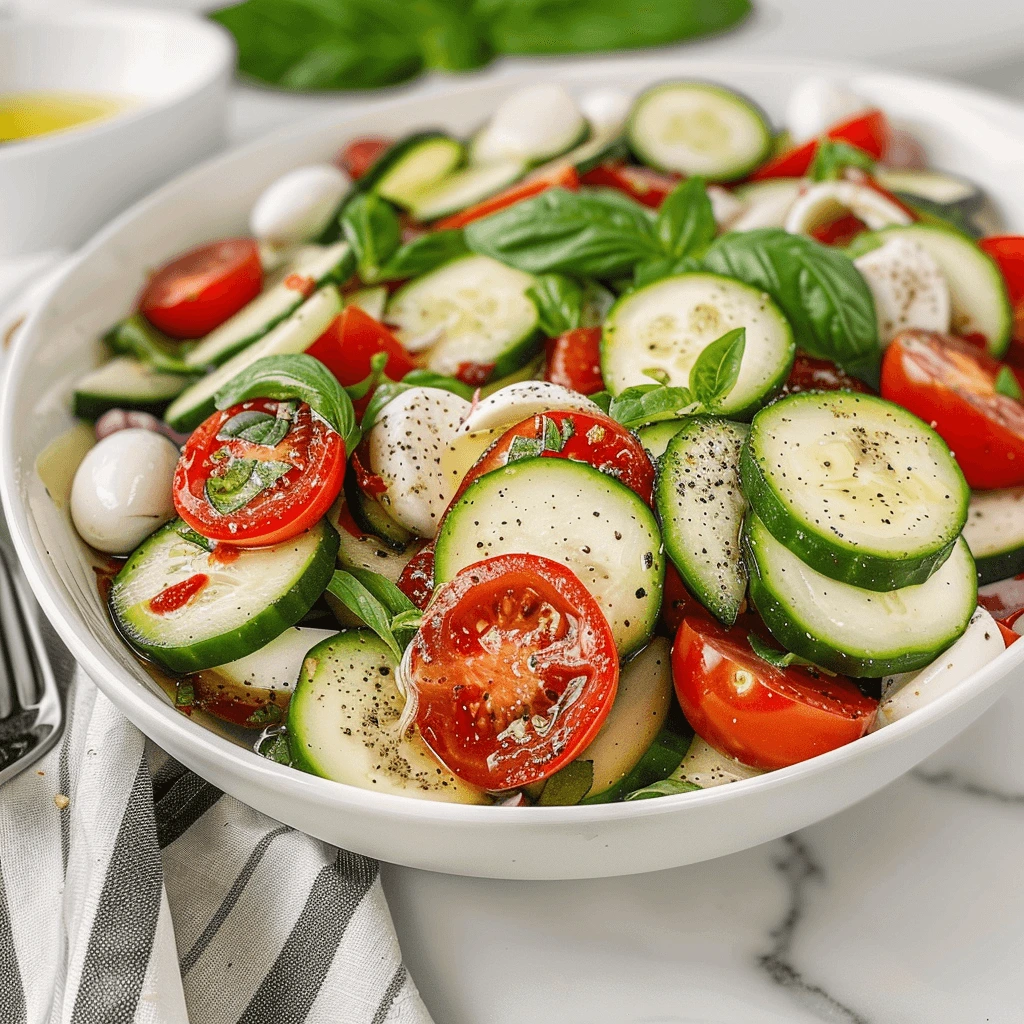 Easy cucumber caprese salad with tomatoes, mozzarella, and fresh basil in a white bowl.