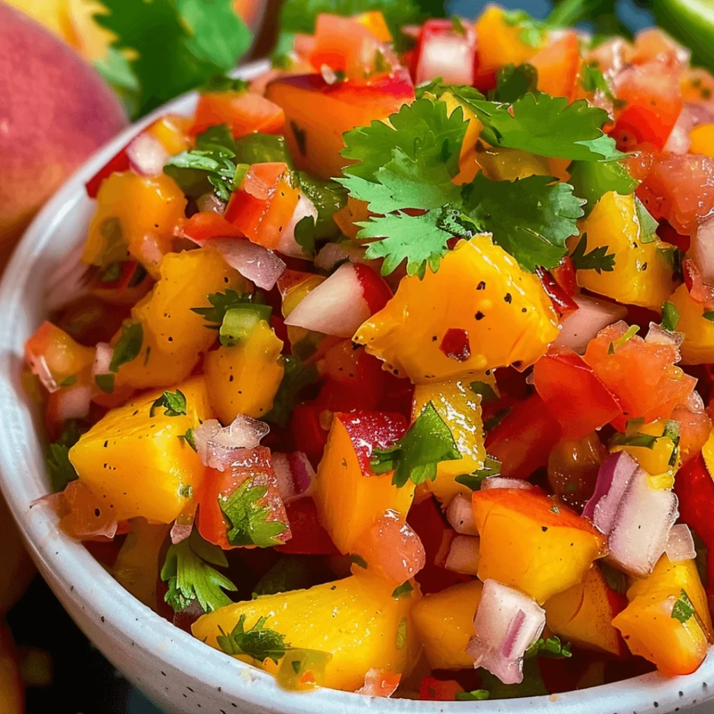 A bowl of vibrant peach salsa with diced peaches, tomatoes, red onion and jalapeño, garnished with cilantro.