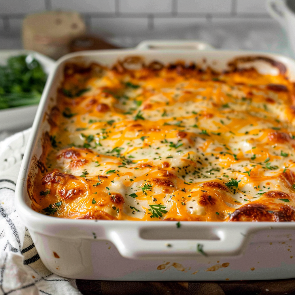 Low carb chicken casserole with broccoli, cauliflower, and melted cheese.