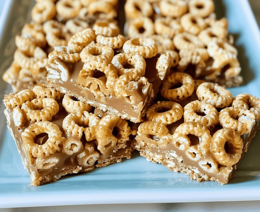 Easy no-bake Cheerio peanut butter bars cut into squares on a wooden board.