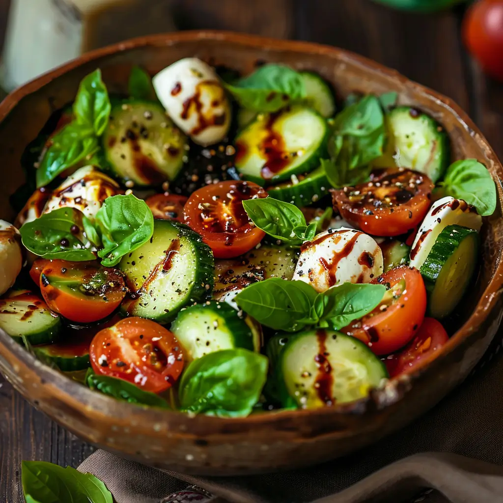 Easy Cucumber Caprese Salad 1 Bowl of cucumber Caprese salad with parts of cucumber, cherry tomatoes, mozzarella, basil, olive oil, and balsamic drizzled on top.