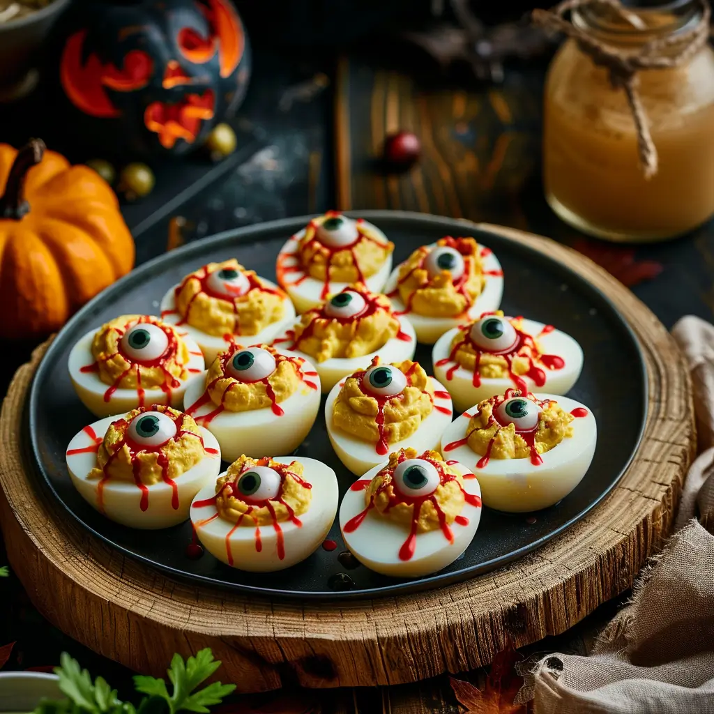 Spooky deviled eggs decorated like eyeballs with olives and red veins.
