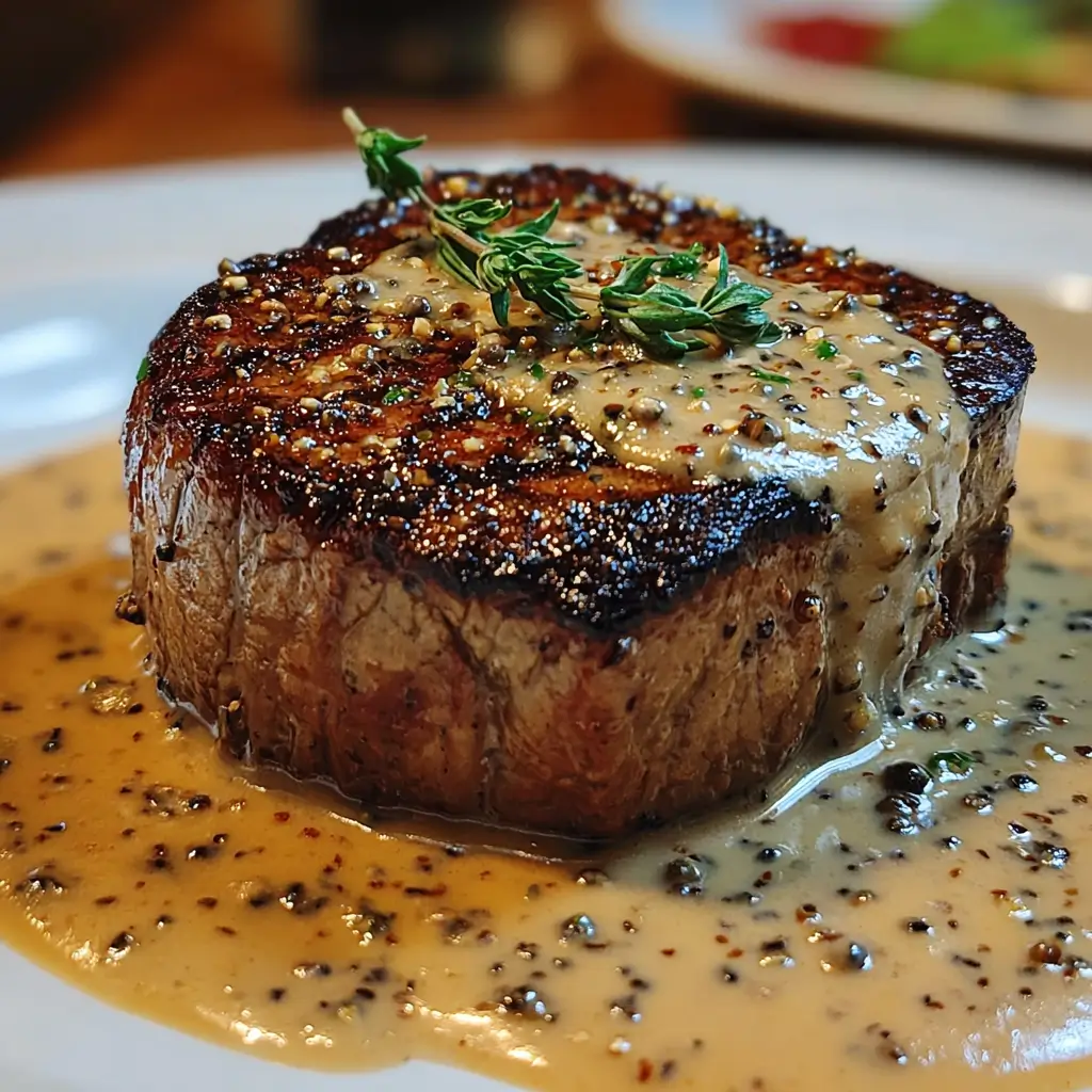 Filet mignon steak topped with creamy peppercorn sauce served with sides.